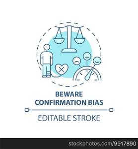 Bewaring confirmation bias concept icon. Fake news checking tip idea thin line illustration. Biased, misleading information. Vector isolated outline RGB color drawing. Editable stroke. Bewaring confirmation bias concept icon