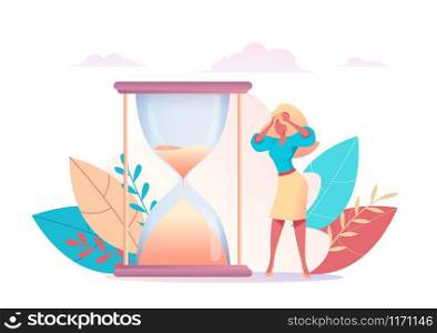 bewildered business lady hold on to her head in horror. Sand is pouring of hourglass. Metaphor of time management. concept of multitasking, performance, deadline. Vector flat illustratio