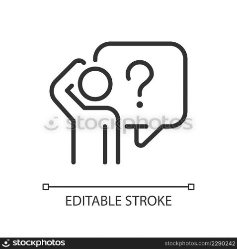 Bewildered person linear icon. Looking for answer on question. Searching information source. Thin line illustration. Contour symbol. Vector outline drawing. Editable stroke. Arial font used. Bewildered person linear icon