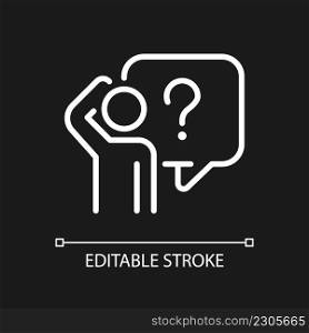 Bewildered person white linear icon for dark theme. Man having question. Searching information source. Thin line illustration. Isolated symbol for night mode. Editable stroke. Arial font used. Bewildered person white linear icon for dark theme