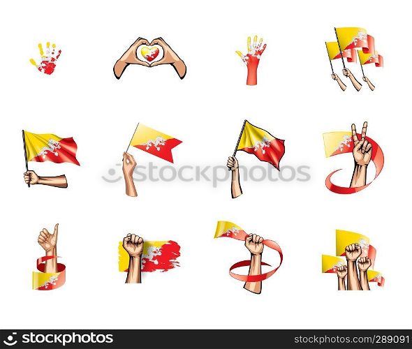 Bhutan flag and hand on white background. Vector illustration.. Bhutan flag and hand on white background. Vector illustration