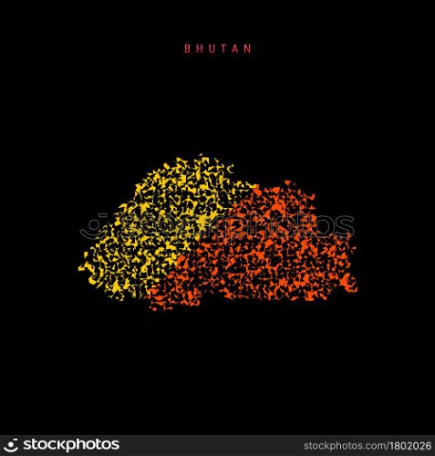 Bhutan flag map, chaotic particles pattern in the colors of the Bhutanese flag. Vector illustration isolated on black background.. Bhutan flag map, chaotic particles pattern in the Bhutanese flag colors. Vector illustration