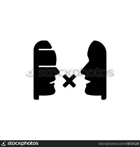 Biases black glyph icon. Prejudice toward group. Impact on relationships. Judgement based on social identities. Closed-minded person. Silhouette symbol on white space. Vector isolated illustration. Biases black glyph icon