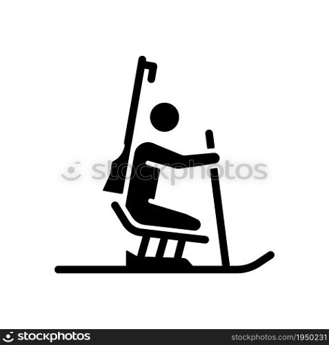 Biathlon black glyph icon. Skiing and shooting combination sport. Winter race activity. Competitive event. Athlete with disability. Silhouette symbol on white space. Vector isolated illustration. Biathlon black glyph icon