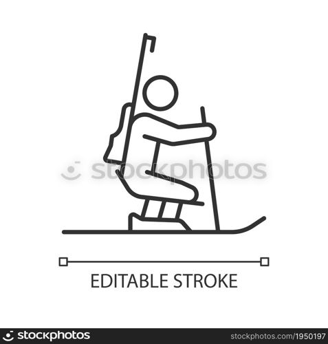 Biathlon linear icon. Skiing and shooting competition. Winter season sport. DIsabled athlete. Thin line customizable illustration. Contour symbol. Vector isolated outline drawing. Editable stroke. Biathlon linear icon