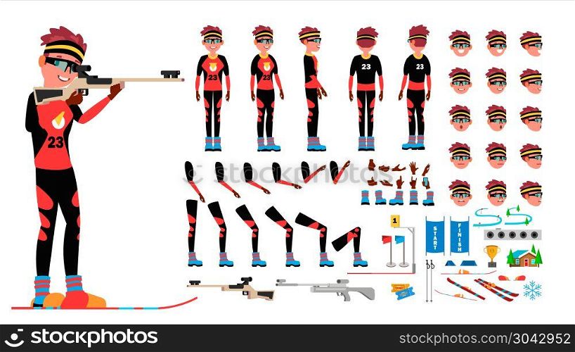 Biathlon Player Male Vector. Animated Character Creation Set. Man Full Length, Front, Side, Back View, Accessories, Poses, Face Emotions, Gestures. Isolated Flat Cartoon Illustration. Biathlon Player Male Vector. Animated Character Creation Set. Man Full Length, Front, Side, Back View, Accessories, Poses, Face Emotions, Gestures Isolated Illustration