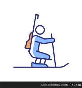 Biathlon RGB color icon. Skiing and shooting combination sport. Winter race activity. Competitive event. Athlete with disability. Isolated vector illustration. Simple filled line drawing. Biathlon RGB color icon