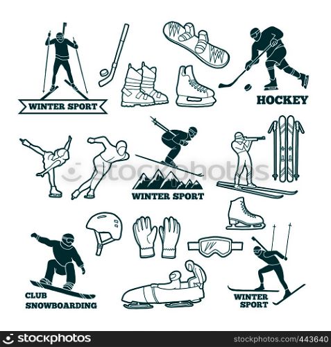 Biathlon, sled, skis and other winter sports monochrome illustrations. Symbols for labels and logos design. Vector of winter sport ski and snowboard. Biathlon, sled, skis and other winter sports monochrome illustrations. Symbols for labels and logos design