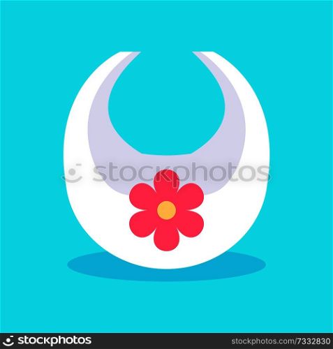 Bib with image of flower protection of clothes of child from food, meal and drinks, items for children vector illustration isolated on blue background. Bib with Image of Flower, Vector Illustration