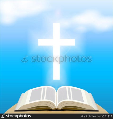 Bible and shining cross over blue sky. Vector Illustration