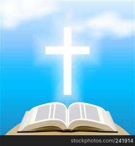 Bible and shining cross over blue sky. Vector Illustration