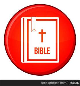 Bible icon in red circle isolated on white background vector illustration. Bible icon, flat style