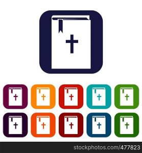 Bible icons set vector illustration in flat style in colors red, blue, green, and other. Bible icons set