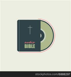Bible in audio format. The bible and audio a disk symbolize. Christian faith. Executed in a flat style with minimum colors.