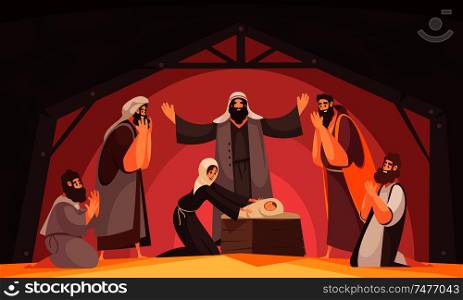 Bible narratives christmas composition with characters of wise men of east praying people and holy mother vector illustration