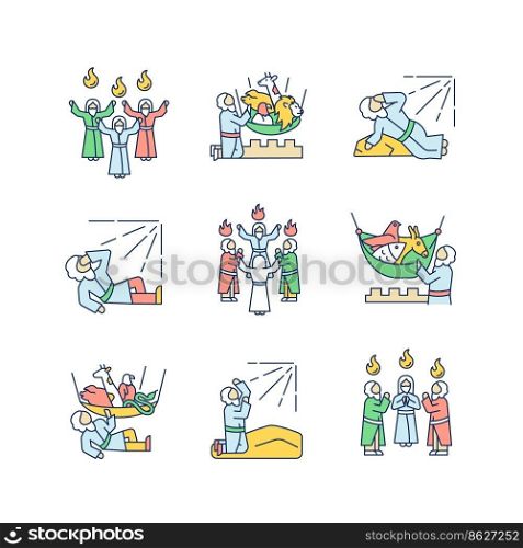 Bible narratives RGB color icons set. Legends from Old and New Testament. Religious stories. Early christians. Isolated vector illustrations. Simple filled line drawings collection. Editable stroke. Bible narratives RGB color icons set
