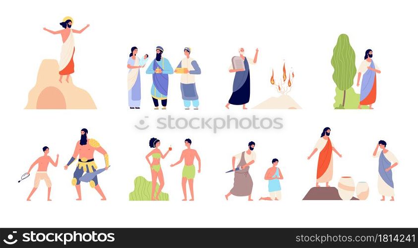 Bible scenes. Religion people, isolated biblical legendary concepts. Christian story, murder prayer man birth god or lord utter vector set. Illustration legendary scene bible, christian saint story. Bible scenes. Religion people, isolated biblical legendary concepts. Christian story, murder prayer man birth god or lord utter vector set