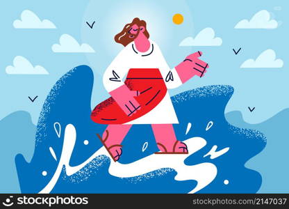 Biblical story of Jesus Christ walking on water edge. Bible narratives vector illustration. Miracle in New Testament. Religion and faith concept. Belief and superstition. . Bible story of Jesus walking on water