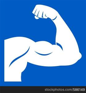 Biceps icon white isolated on blue background vector illustration. Biceps icon white