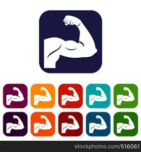Biceps icons set vector illustration in flat style in colors red, blue, green, and other. Biceps icons set