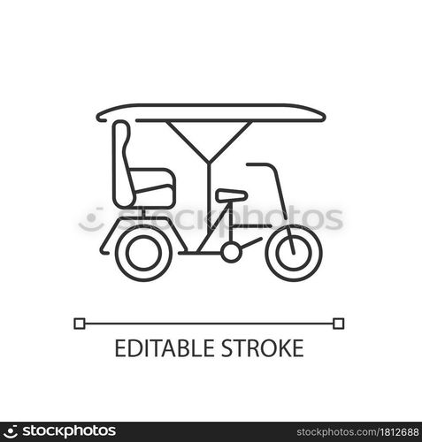 Bicitaxi linear icon. Tourists transportation. Bicycle taxi. Commercial vehicle with three wheels. Thin line customizable illustration. Contour symbol. Vector isolated outline drawing. Editable stroke. Bicitaxi linear icon