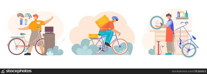 Bicycle 3 flat compositions with spare parts accessories shop seller repairman service bike courier delivery vector illustration