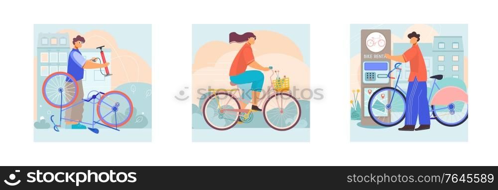 Bicycle 3 flat square compositions with repairman service riding city bike with basket automated rental vector illustration