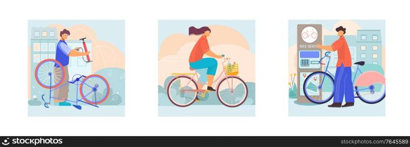 Bicycle 3 flat square compositions with repairman service riding city bike with basket automated rental vector illustration