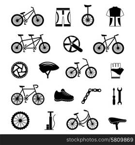 Bicycle accessories black icons set . City tandem bicycles and cycling sportswear and repair tools black icons collection kit abstract isolated vector illustration