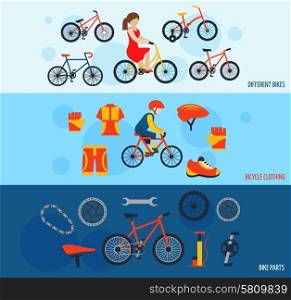 Bicycle accessories flat banners set . City bicycles parts and components and cycling sportswear horizontal flat banners set abstract vector isolated illustration