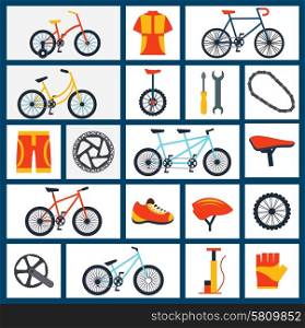 Bicycle accessories flat icons set . Mountain sportive and city bicycles accessories with gloves and helmet flat icons set abstract isolated vector illustration