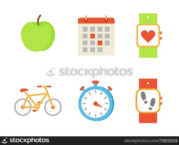 Bicycle and apple fruit set of icons vector. Bike and calendar with highlighted events, wristband with heart rate and steps quantity. Timer and watch. Bicycle and Apple Fruit Set Vector Illustration