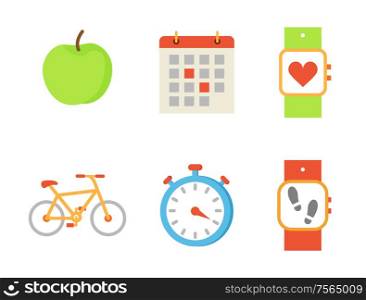 Bicycle and apple fruit set of icons vector. Bike and calendar with highlighted events, wristband with heart rate and steps quantity. Timer and watch. Bicycle and Apple Fruit Set Vector Illustration