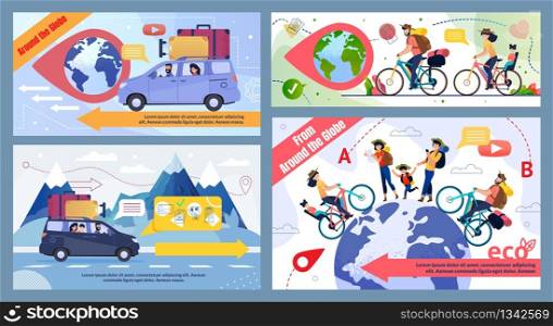 Bicycle and Car Family Trip round Globe Promo Banner Set. Eco Tour for Cyclists, in Mountains, to Foreign Countries. Cartoon Happy Travelers Characters. Eco-Friendly Tourism. Vector Illustration. Bicycle and Car Trip round Globe Promo Banner Set