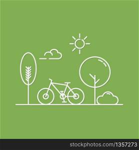 Bicycle and trees in central park of spring or summer. Flat line vector illustration of cityscape. minimal style.