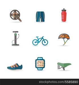Bicycle bike sport fitness flat icons set with hand pump seat helmet isolated vector illustration