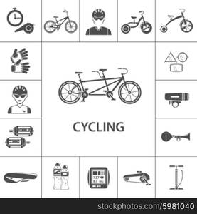 Bicycle black icons set with sportsmen avatars isolated vector illustration. Bicycle Black Icons Set