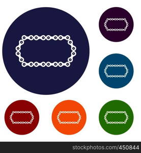 Bicycle chain icons set in flat circle reb, blue and green color for web. Bicycle chain icons set