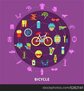 Bicycle Concept Illustration. Bicycle concept with sports and race symbols on purple background flat vector illustration