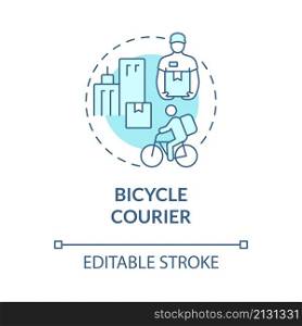 Bicycle courier turquoise concept icon. Eco friendly. Delivery business abstract idea thin line illustration. Isolated outline drawing. Editable stroke. Roboto-Medium, Myriad Pro-Bold fonts used. Bicycle courier turquoise concept icon