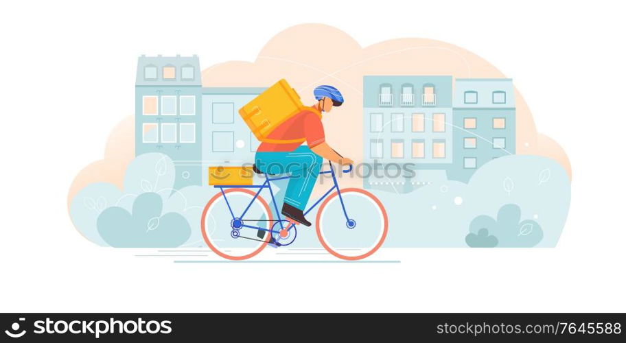 Bicycle delivery composition with flat character of courier riding bike with carrier bag on cityscape background vector illustration