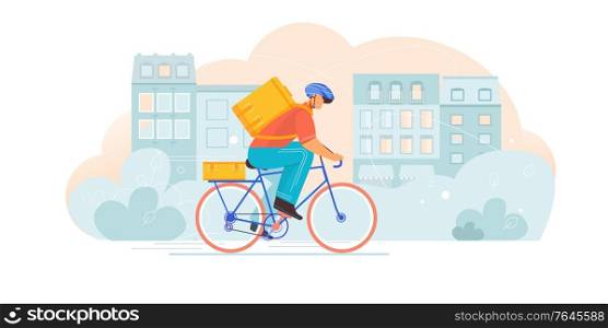 Bicycle delivery composition with flat character of courier riding bike with carrier bag on cityscape background vector illustration