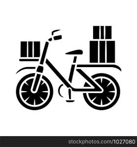 Bicycle delivery glyph icon. Bike with parcel packages. Bicycle messenger, cycle courier. Express bike shipping. Postal service. Silhouette symbol. Negative space. Vector isolated illustration