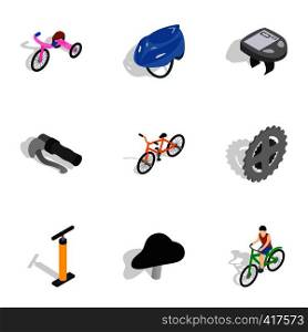 Bicycle equipment icons set. Isometric 3d illustration of 9 bicycle equipment vector icons for web. Bicycle equipment icons set, isometric 3d style