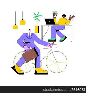 Bicycle-friendly office isolated cartoon vector illustrations. Young man coming with bicycle to his smart office, modern bike-friendly workplace, eco-friendly vehicle vector cartoon.. Bicycle-friendly office isolated cartoon vector illustrations.