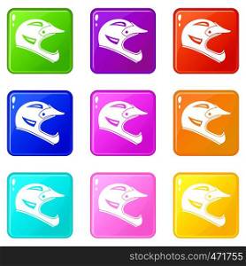 Bicycle helmet icons of 9 color set isolated vector illustration. Bicycle helmet icons 9 set