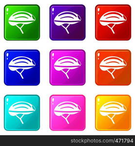 Bicycle helmet icons of 9 color set isolated vector illustration. Bicycle helmet icons 9 set