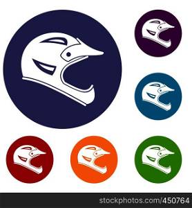 Bicycle helmet icons set in flat circle reb, blue and green color for web. Bicycle helmet icons set