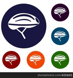 Bicycle helmet icons set in flat circle reb, blue and green color for web. Bicycle helmet icons set