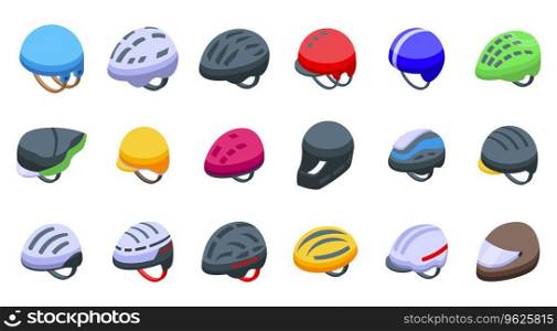 Bicycle Helmet icons set isometric vector. Vacation scooter. Kid pad. Bicycle Helmet icons set isometric vector. Vacation scooter
